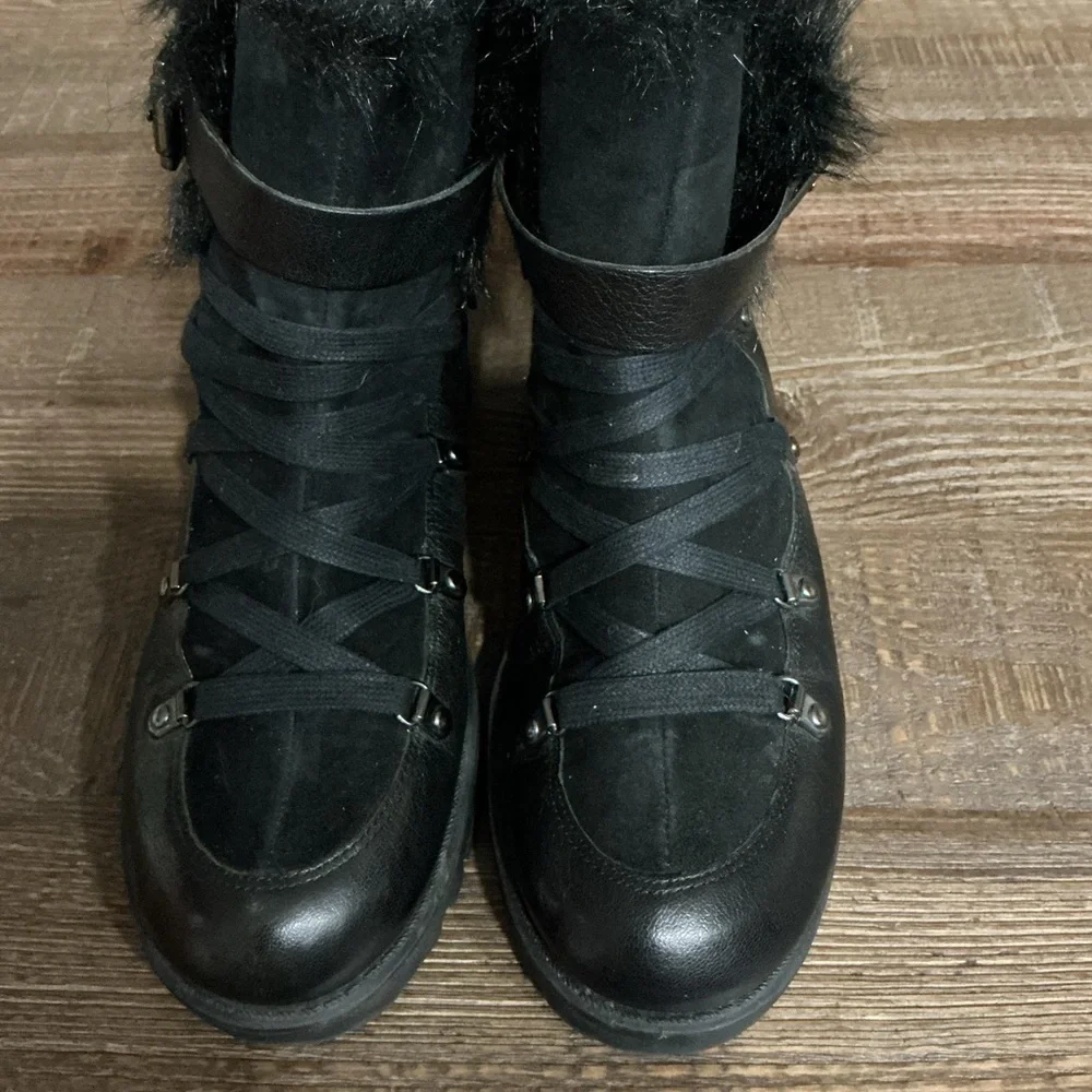 Nine West Orynne black leather suede winter boots faux fur Sz 8.5